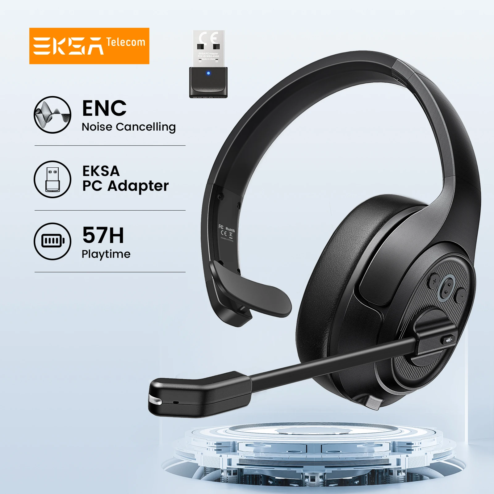 EKSA Wireless Headphones, Bluetooth 5.0 Headset, ENC Microphone, 30H Playtime, For Office/Call Center, with USB Dongle(Optional)