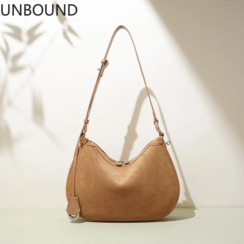 

UNBOUND genuine leather suede hobo crescent bag women's vintage large capacity shoulder underarm crossbody bag purple handbag
