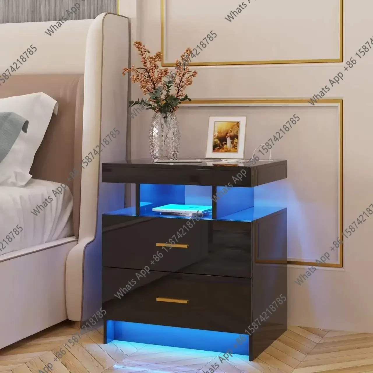 X68 Set Of 2 Nightstands With Wireless Charging, 2 Drawers, Glossy Smart Bedside Table Designer