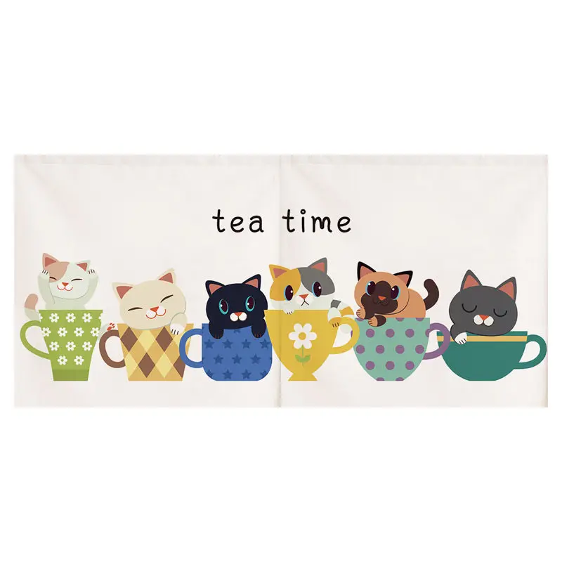 VIKAMA Cute Cat In Cup Print Cabinet Curtain Self‑Adhesive No‑Drill Dustproof Shield Curtain For Home Cupboard Decor