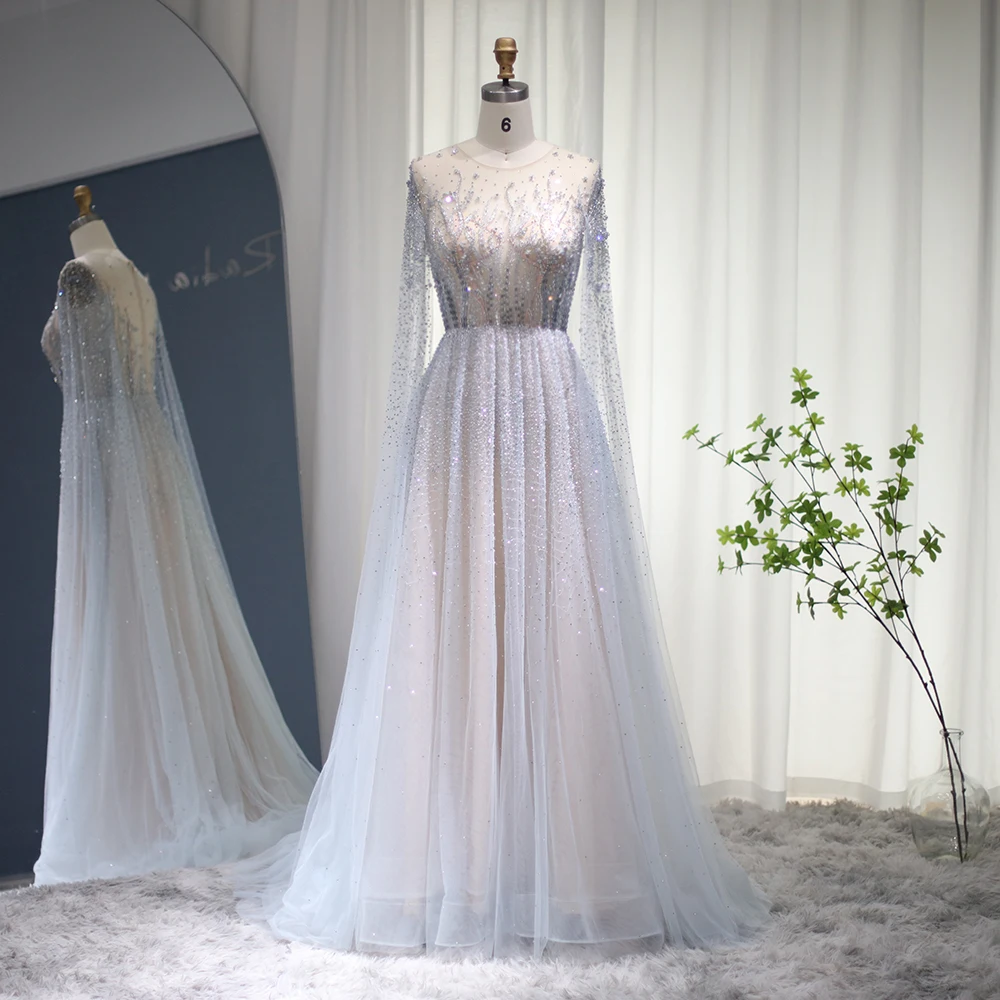 فستان سهرة فاخر فضي مطرز بدبي بأكمام كاب 2022 أنيق طويل وردي عربي رسمي للحفلات للنساء زفاف