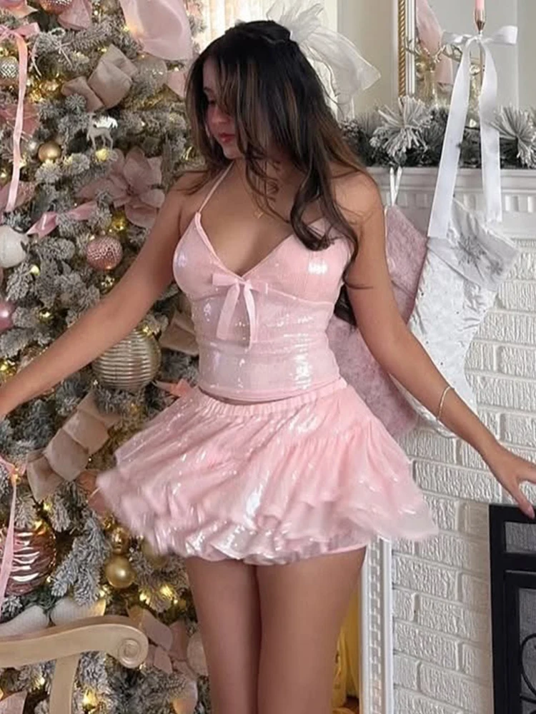 

Fantoye Shiny Sequin Women Skirt Set Sexy Halter Bow Crop Tops Elastic Waist Ruffles Mini Skirt Y2K Lady Club Party Matching Set