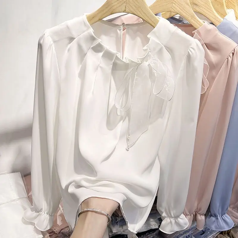 Blusas de gasa con cordones y lazo con volantes para mujer, camisas elegantes para ir al trabajo, Tops holgados de manga larga con cuello redondo coreano