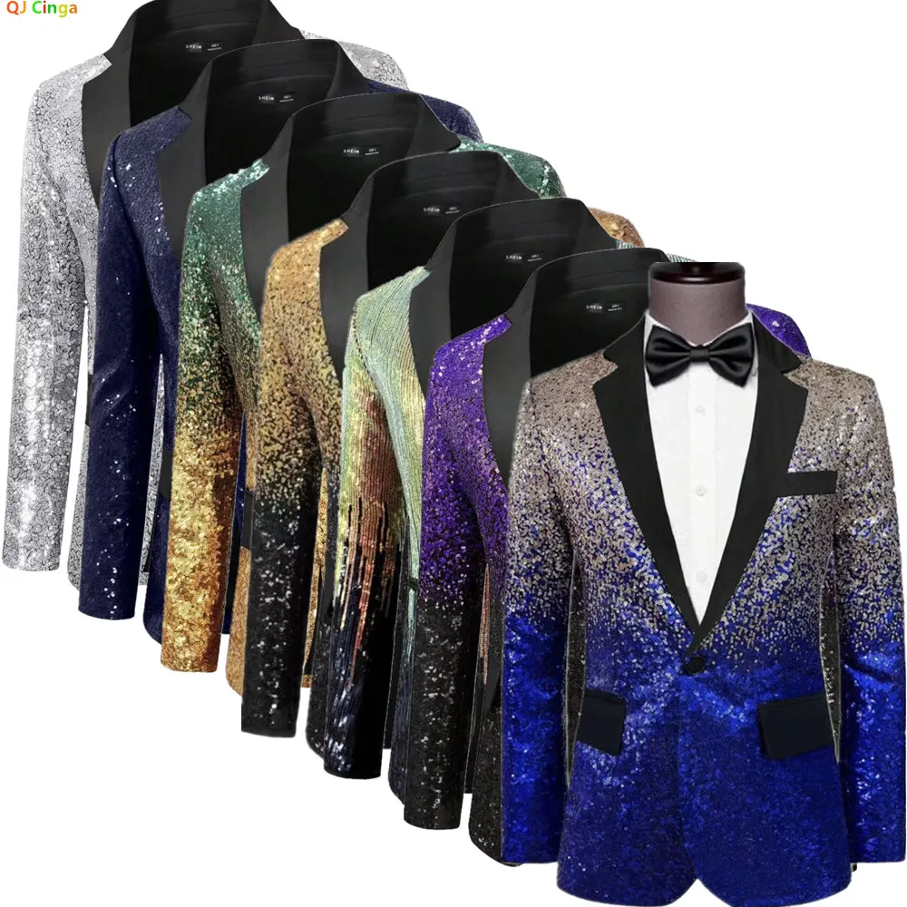 

New Fall Men's Long-Sleeve Suit Jacket, Sequined Single-Button Outerwear, Wedding Party Top, European Sizes S-XXL.