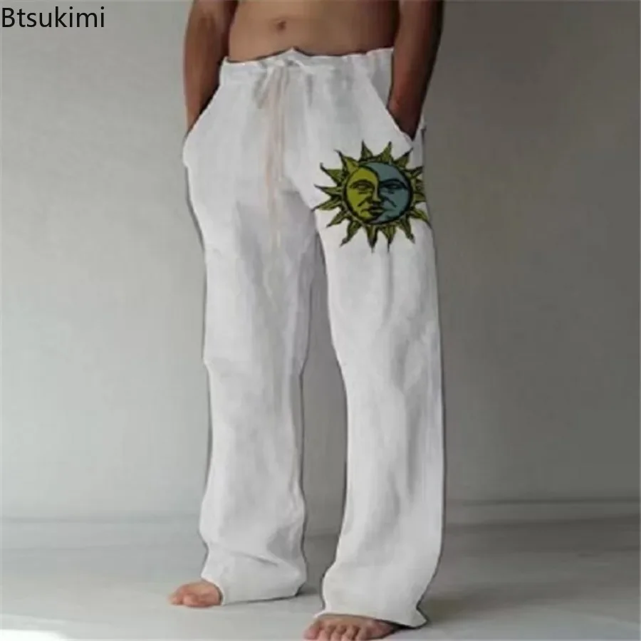 New Men's Loose Casual Trousers Cozy Cotton Linen Elastic Waist Drawstring Long Pants Solid Versatile Beach Pants Oversized 5XL