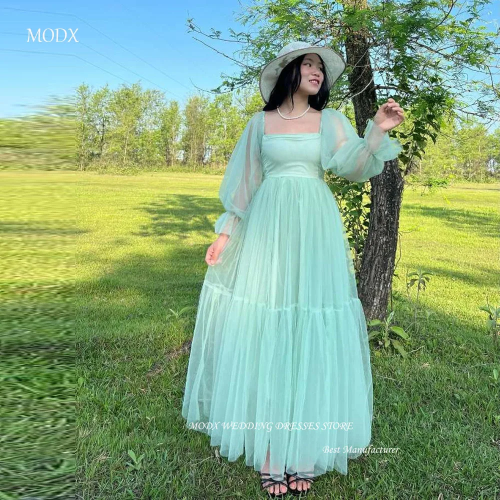 

MODX Simple Mint Green Tulle Evening Dresses Wedding Party Dress Puff Long Sleeves Tiered Floor Length Prom Gowns Plus Size