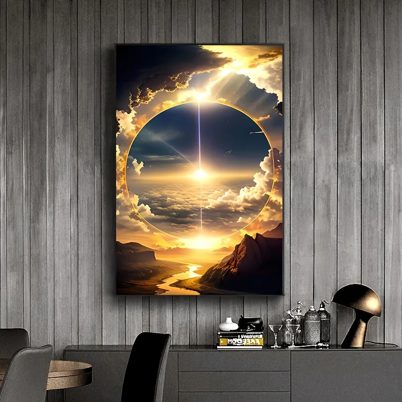 Modern Abstract Canvas Art Print - Stunning Sunset, River, and Mountain Landscape with Dramatic Clouds and Sunburst, Frameless W