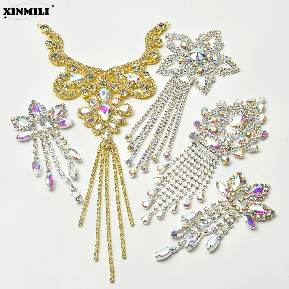 Borla de gota de cristal AB dorada y plateada, apliques de parte posterior plana, insignia de diamantes de imitación, parches de Strass ostentosos para decoración de botas de ropa de boda