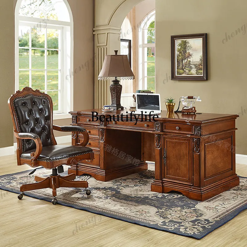 American high-end villa solid wood computer desk home writing desk European luxury boss