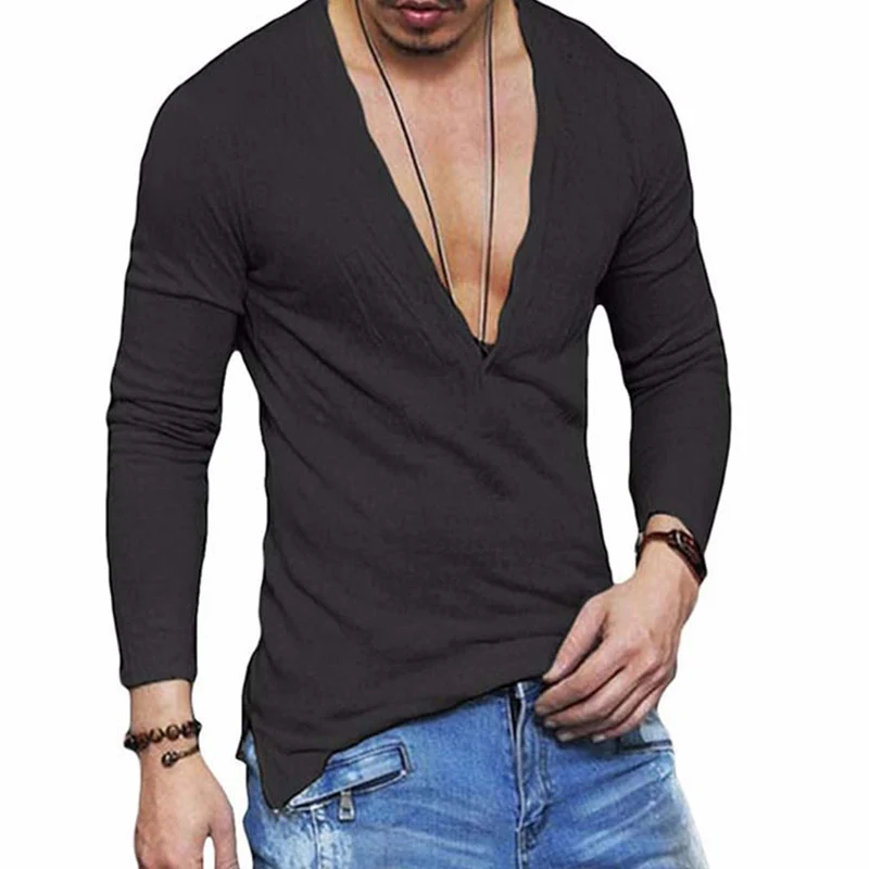 Deep V Neck T Shirt for Men Tshirt Invisible Undershirt Male Low Cut Vneck Wide Vee Tee Model Scoop Hem Slim Fit Long Sleeve