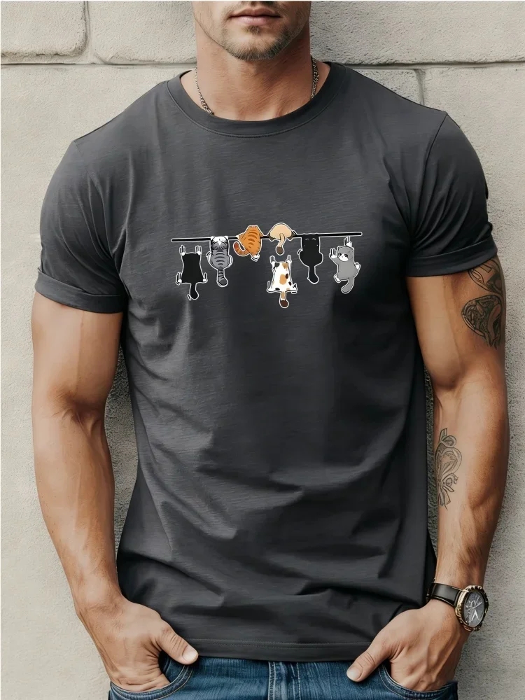 Funny Cartoon Cat Graphic T Shirt for Men 3D Hanging Cats Line Print T-shirt Summer Casual Short Sleeve Trend Streetwear Tops