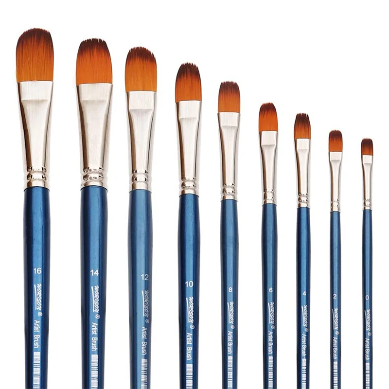 Filbert Paint Brushes Set, 9 Pcs Professional Artist Brush for Acrylic Oil Watercolor Gouache Painting Long Handle Nylon Hair