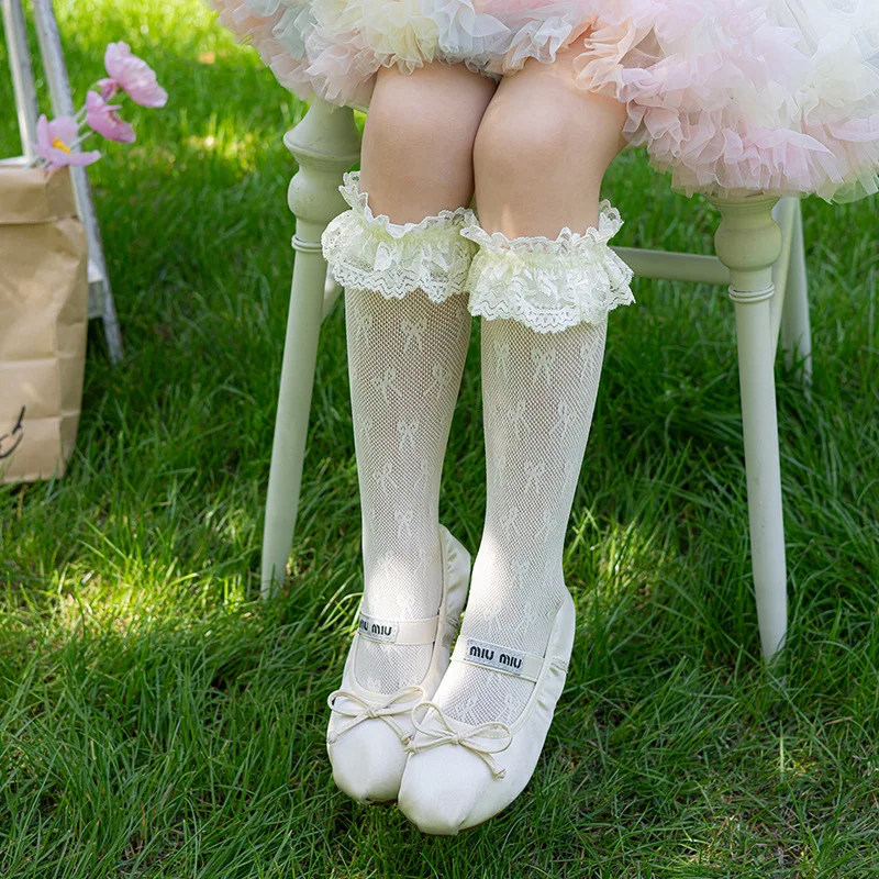 Girls Lace Ruffle Mid‑Calf Socks, Bow Jacquard Sheer Mesh Socks, Sweet Princess Lolita Kids Socks for Ballet Mary Jane Shoes