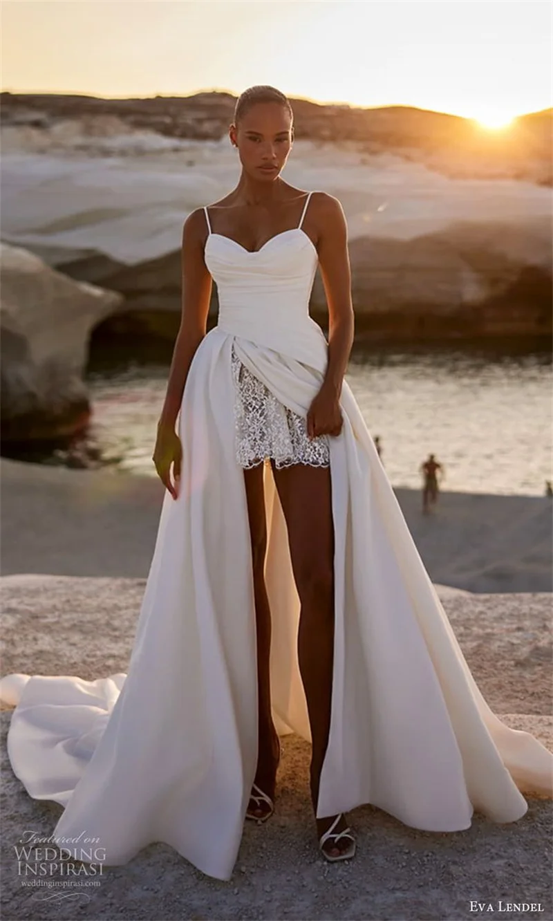 Robe de mariée blanche Hi-Lo pour femmes, bretelles Sexy, sans manches, jupe de plage, style Boho, Simple, personnalisée, à lacets dans le dos