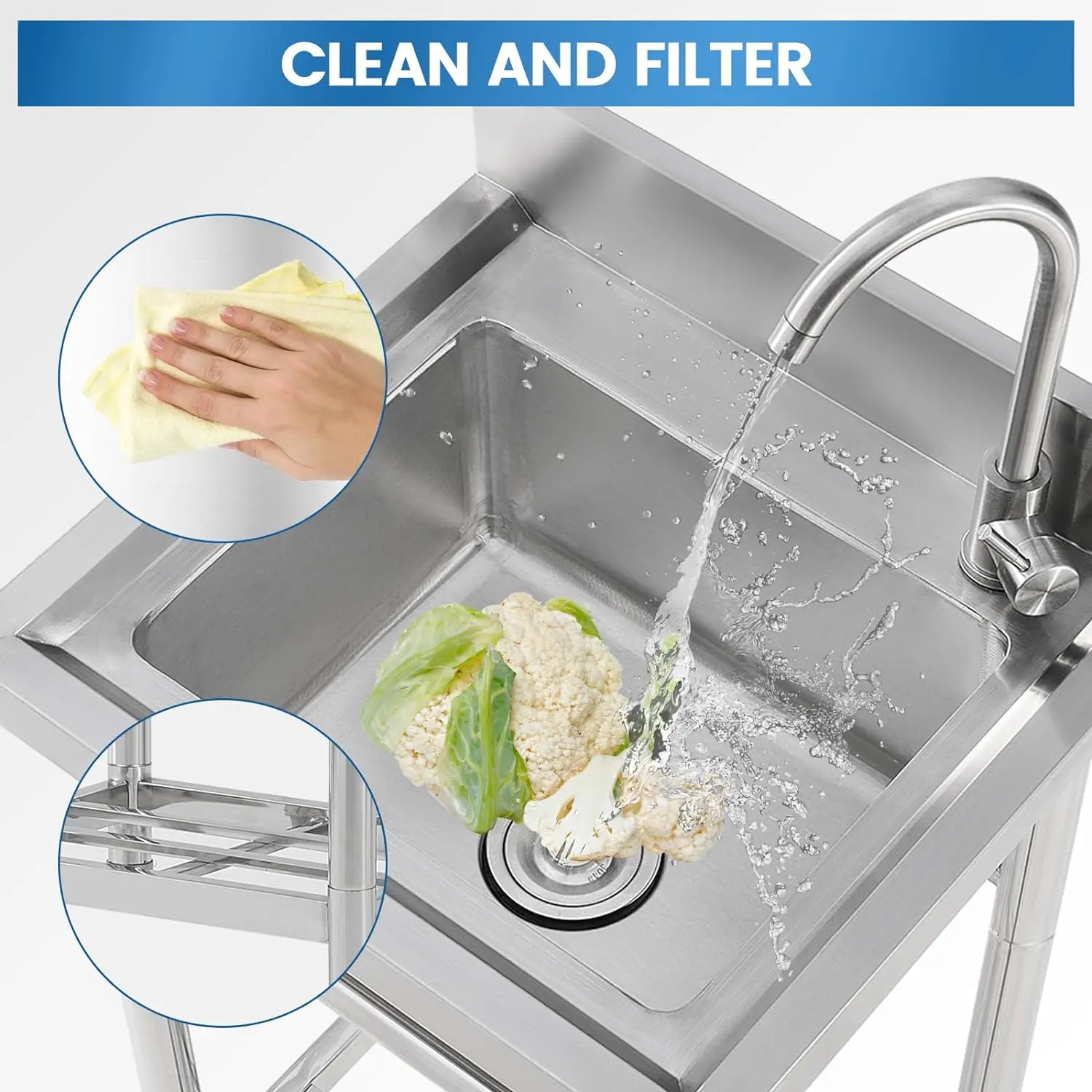 Factory Direct Free Standing Utility Commercial Stainless Steel Kitchen Sink Single Bowl for Outdoor