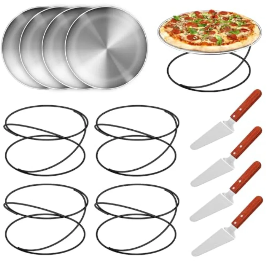 

12 Pcs Pizza Pan Riser Stands Pizza Spatula Sets Includes 4 Metal Pizza Table Stands 4 Pizza Pan and 4 Wood Handle Pie Server P