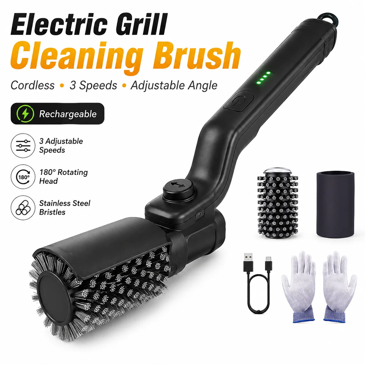 Electric Grill Cleaning Brush 3-Speed Cordless BBQ Cleaner 2600mAh Rechargeable Adjustable Angle Grill Scrubber Tool