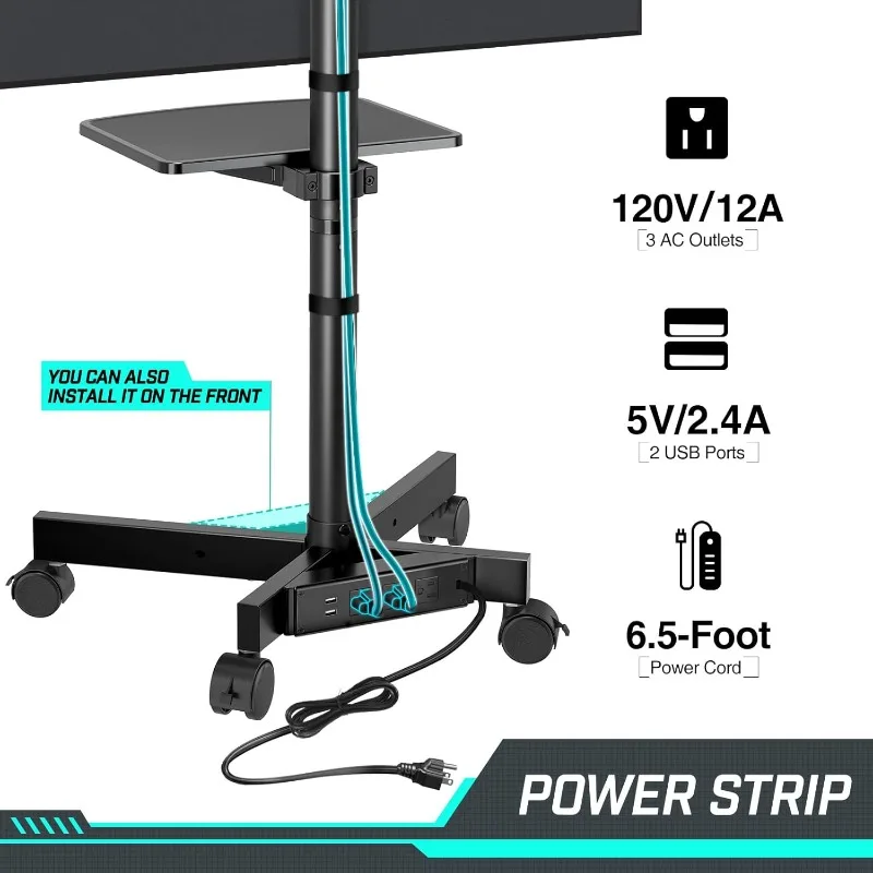 TV Stand with Power Outlet, Mobile TV Cart on Wheels for 23-60 inch LED LCD Flat Curved Panel Screen TVs, up to 88 lbs