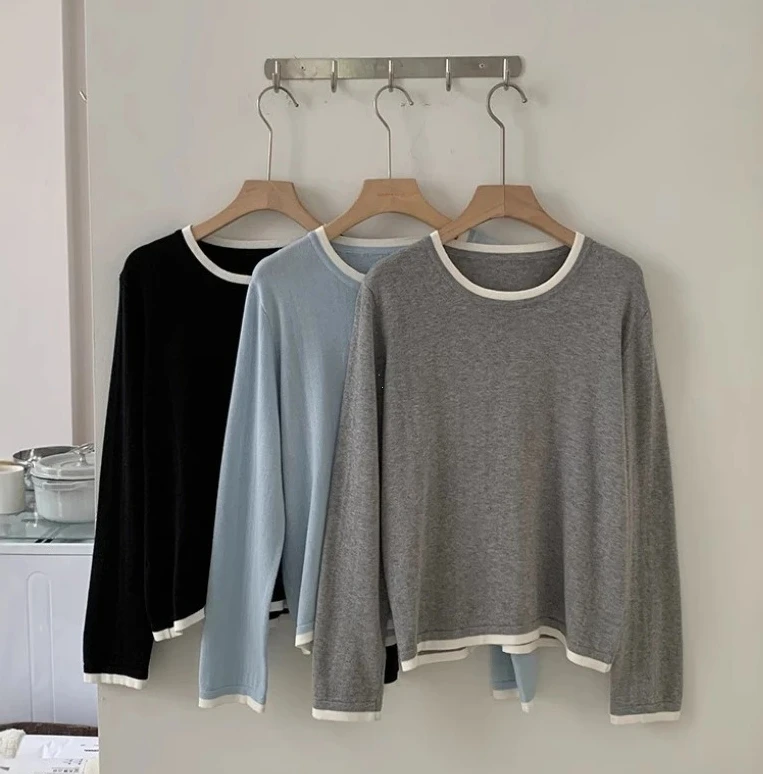 

Женская рубашка с длинными рукавами и круглым вырезом с цветными блоками, весна и осень, свободная модная трикотажная рубашка с длинными рукавами, высокое качество, 100% хлопок