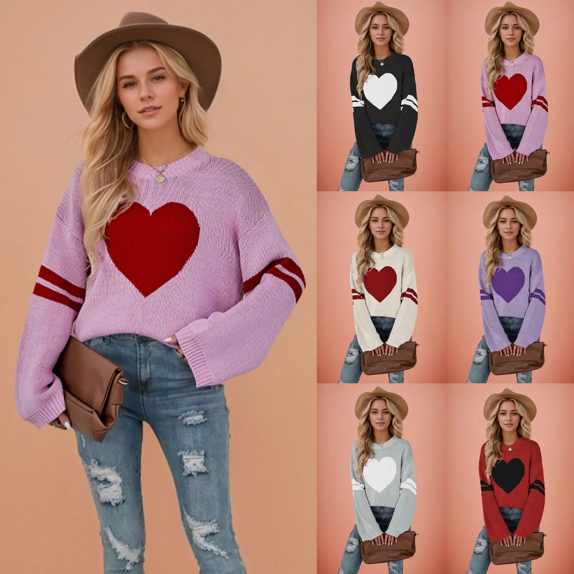 

Boutique Women's Sweater Valentines Day Clothes Love Round Neck Long Sleeve Heart Sweater Women Winter Knitwear