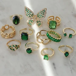 Charming 18K Gold Plated Vintage Zircon Green Stone Jewelry Elegant Rings For Women Luxury Rhinestone Wedding Engagement Anel