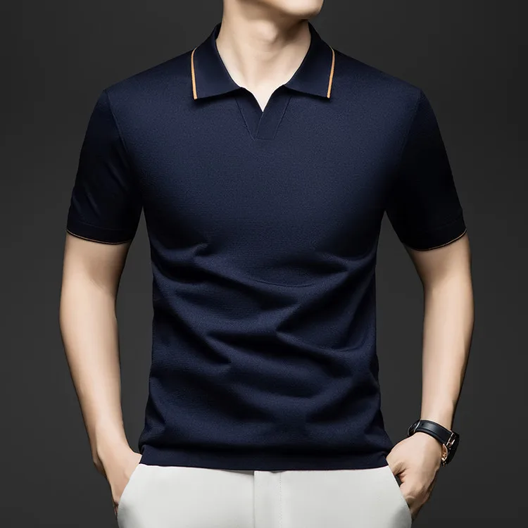 2026 Summer linen 3% mulberry silk 3% Viscose 35% pullover polo shirt man middle-aged men breathable lapel knitted T-shirt