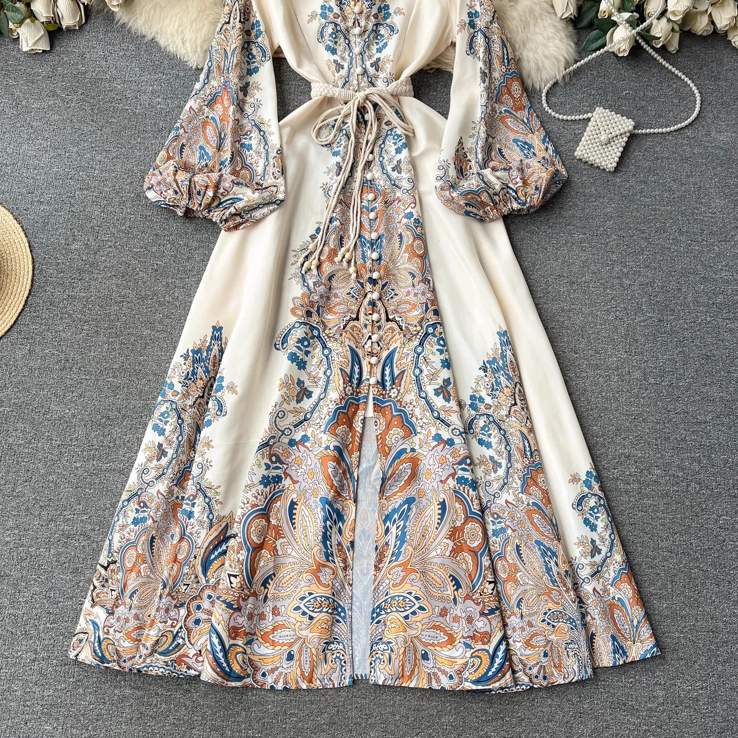 Beach Style Print Maxi Dress Women Spring Summer O Neck Long Sleeve Dress With Belt Elegant Party Vestidos