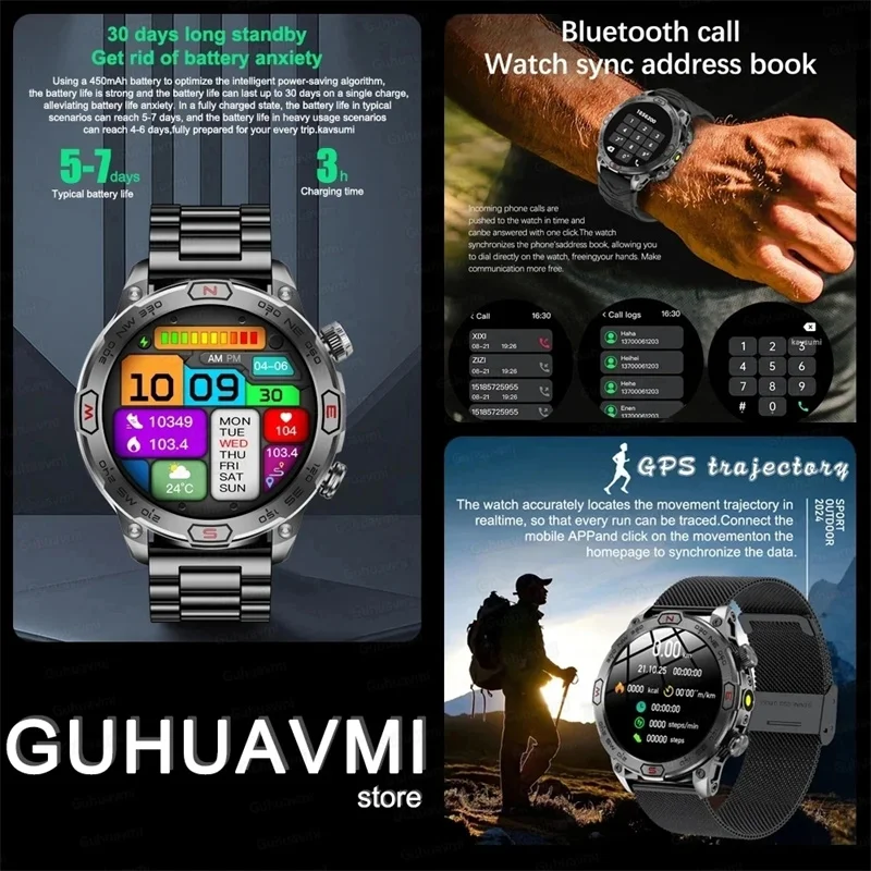 For Android IOS Outdoor Sport GPS Smart Watch Men 1.43'' 466*466 HD AMOLED Screen IP68 Waterproof Bluetooth Call Smartwatch 2024