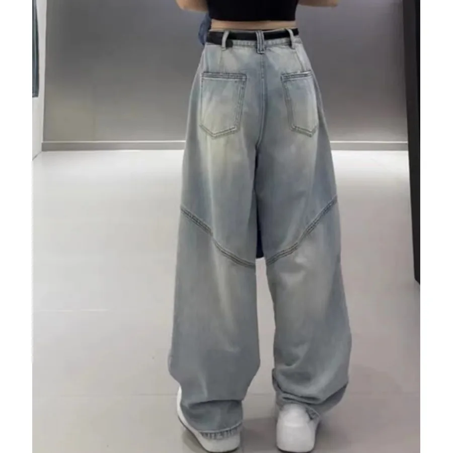 Loose High Waist Denim Jeans American Lazy Loose Feeling Women's plus Size Cover Hip Slimming Wide Leg Pants Blue