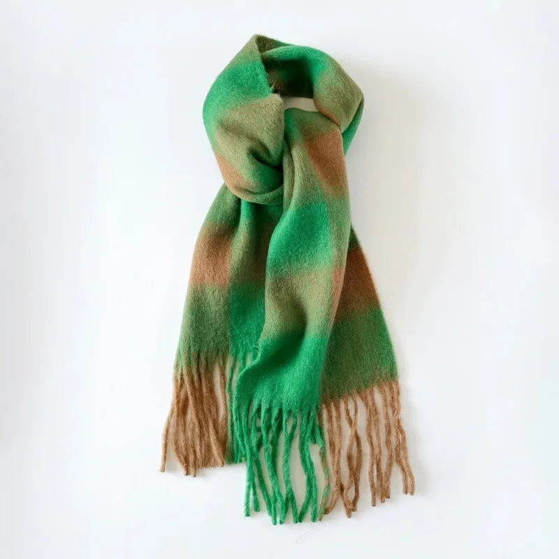 Women Mohair Blend Plaid Scarf Thick Tassel Warm Shawl Versatile Autumn Winter Neck Wrap For Daily Outfit