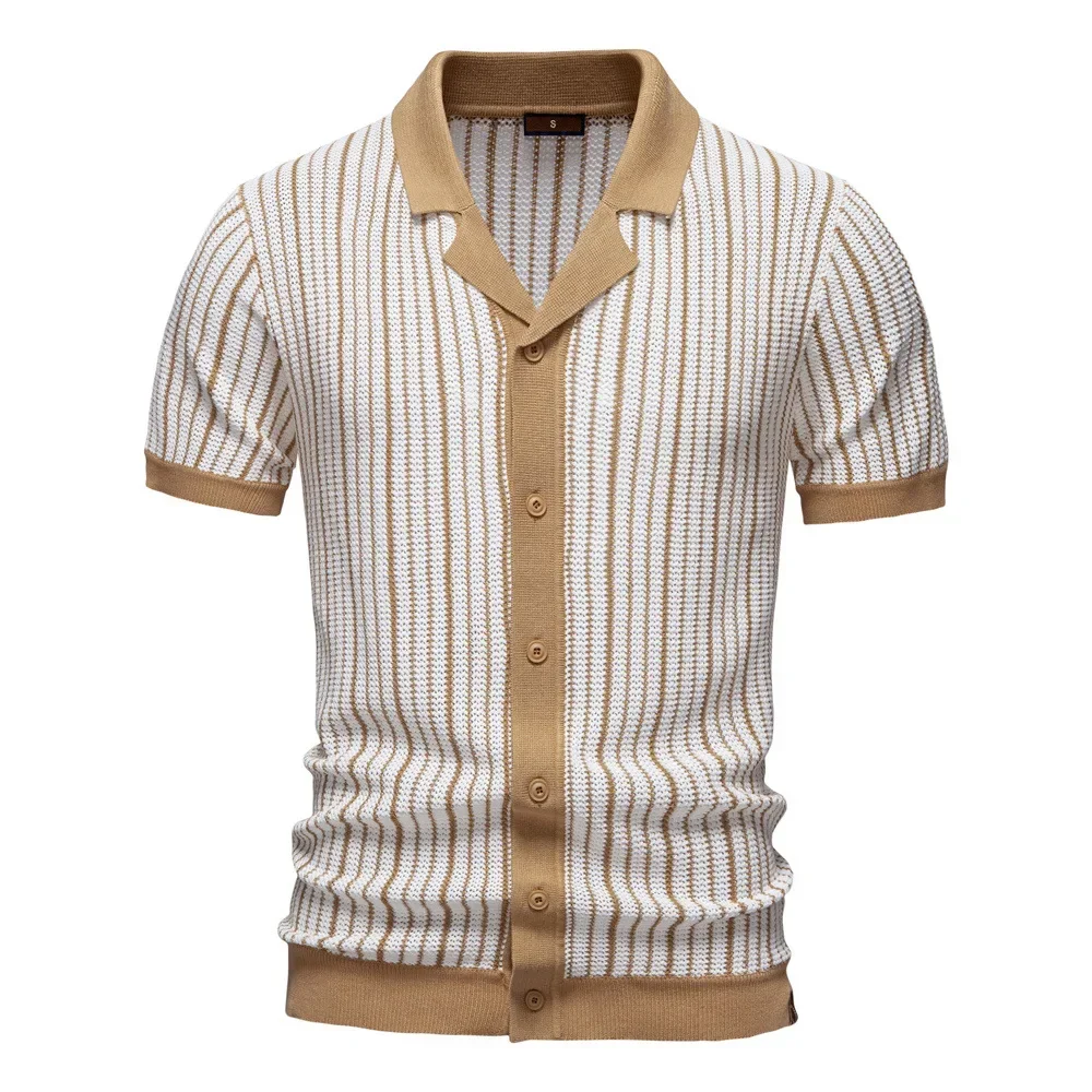 Men Spliced  Loose Turn Down Collar Cardigan Knitted Shirt Polo Collar Shirt Single Breasted Striped Shirt Shorts Sleeve