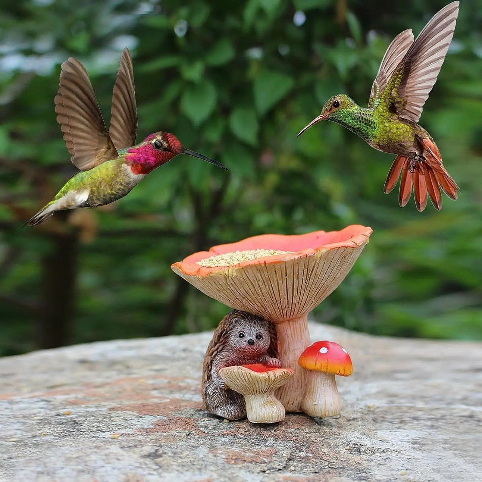 Hedgehog Mushroom Garden Statue Birdfeeder, Bird Feeder Funny, Small Sculpture Lawn Ornament for Ground Yard Patio Decoration