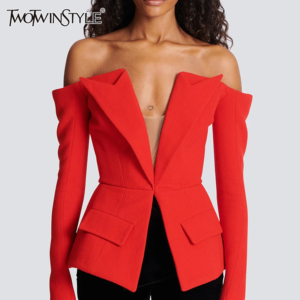 

TWOTWINSTYLE Solid Designer Slimming Blazers For Women Slash Neck Long Sleeve Off Shoulder Temperament Coats Female Fashion New