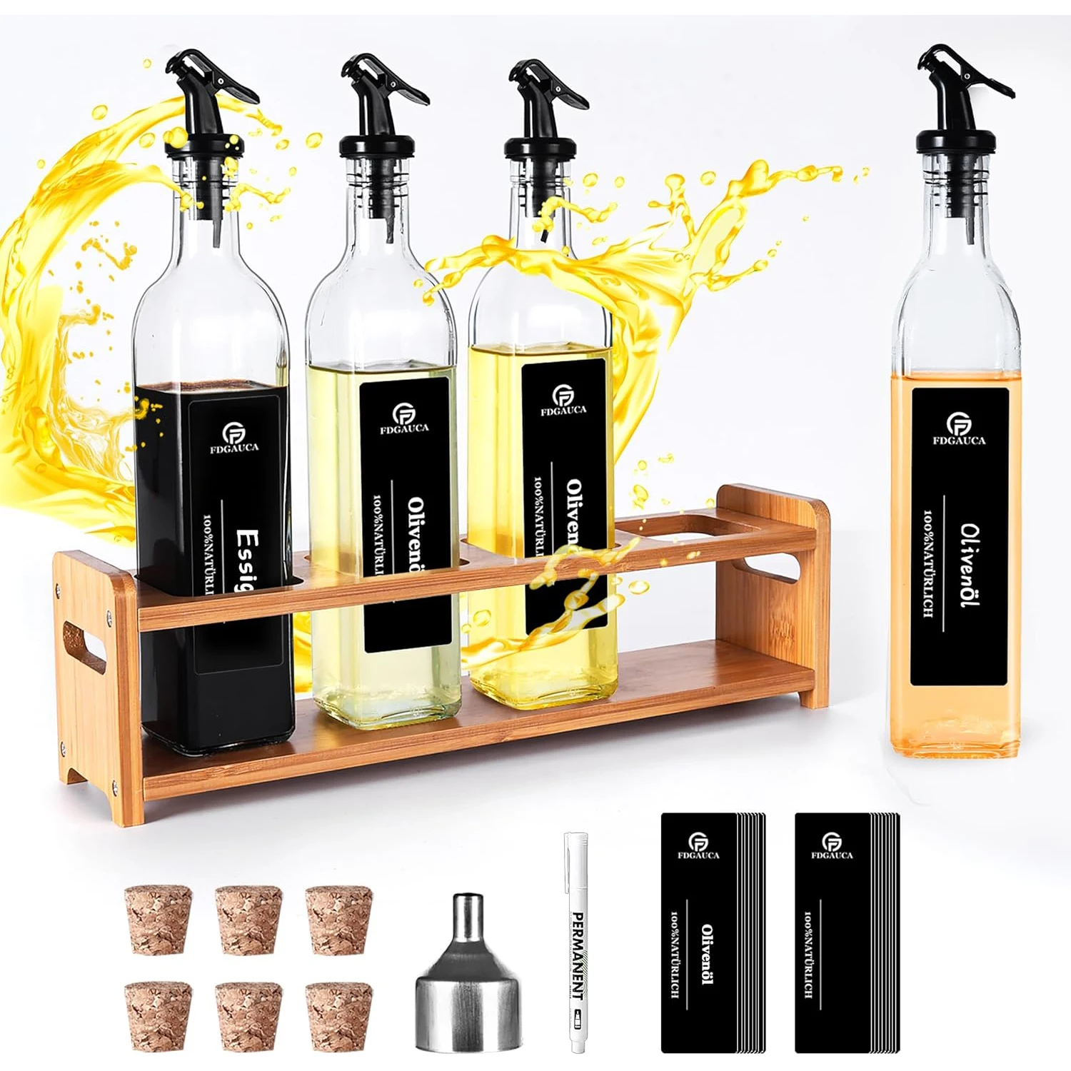 Image of SAEIV Essig und Ölflaschen Set mit Bambus Regale, Ölflasche mit Ausgießer, 4X500ml Ölspender, Küchen öl Essig Spender