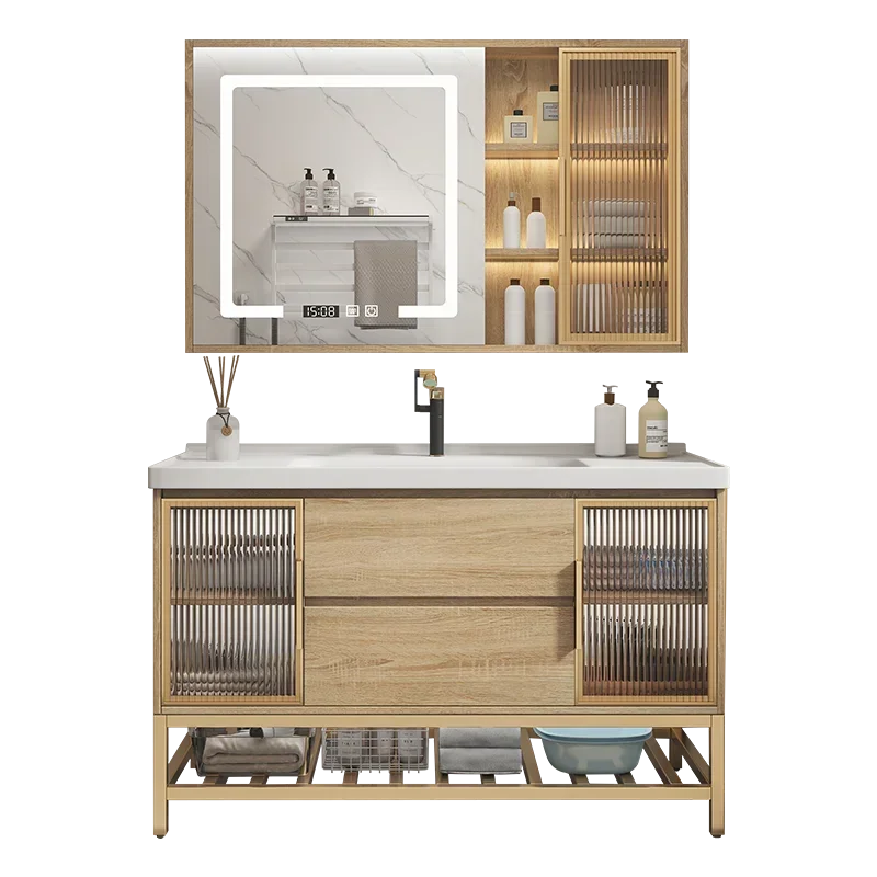 Solid Wood Integrated Ceramic Basin Bathroom Cabinet Combination Washbasin Bathroom Cabinet Luxury Gabinete Furniture