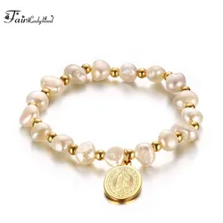 FairLadyHood  16CM Stainless  Steel Virgin Mary Logo Pearl Bracelet Ladies Beads Bracelet