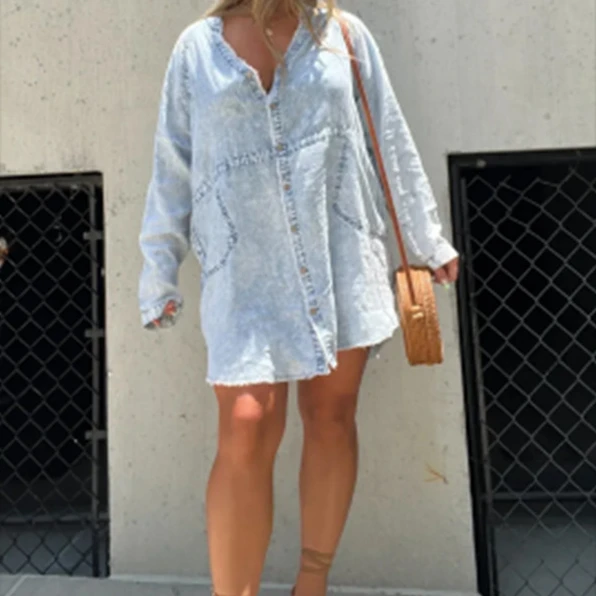 Loose Shirt Dress Denim 2024 New Jeans Dresses Women Casual Turn Down Collar Lantern Sleeve Single Breasted A Line Vestidos