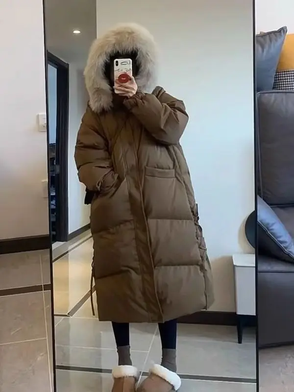 

Large Size Long Over-Knee Bread Coat Men's Thi Warm Cotton Jaet with Big Fur Collar Autumn Winter Casual Youth Sle
