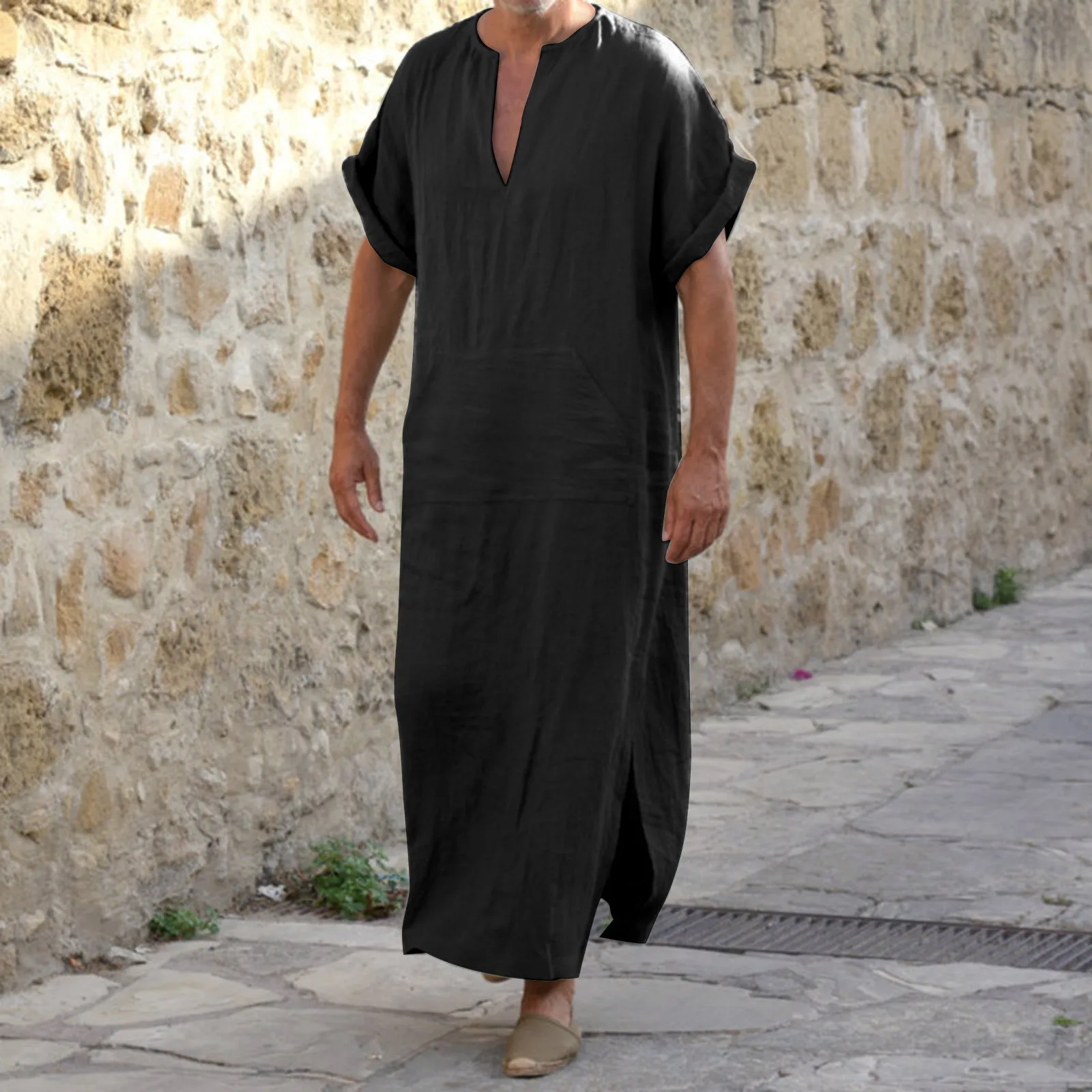 Мусульманский Арабский Кафтан с коротким рукавом Однотонная мусульманская одежда с V-образным вырезом Свободная Повседневная Средний Восток Дубай Jubba Thobe