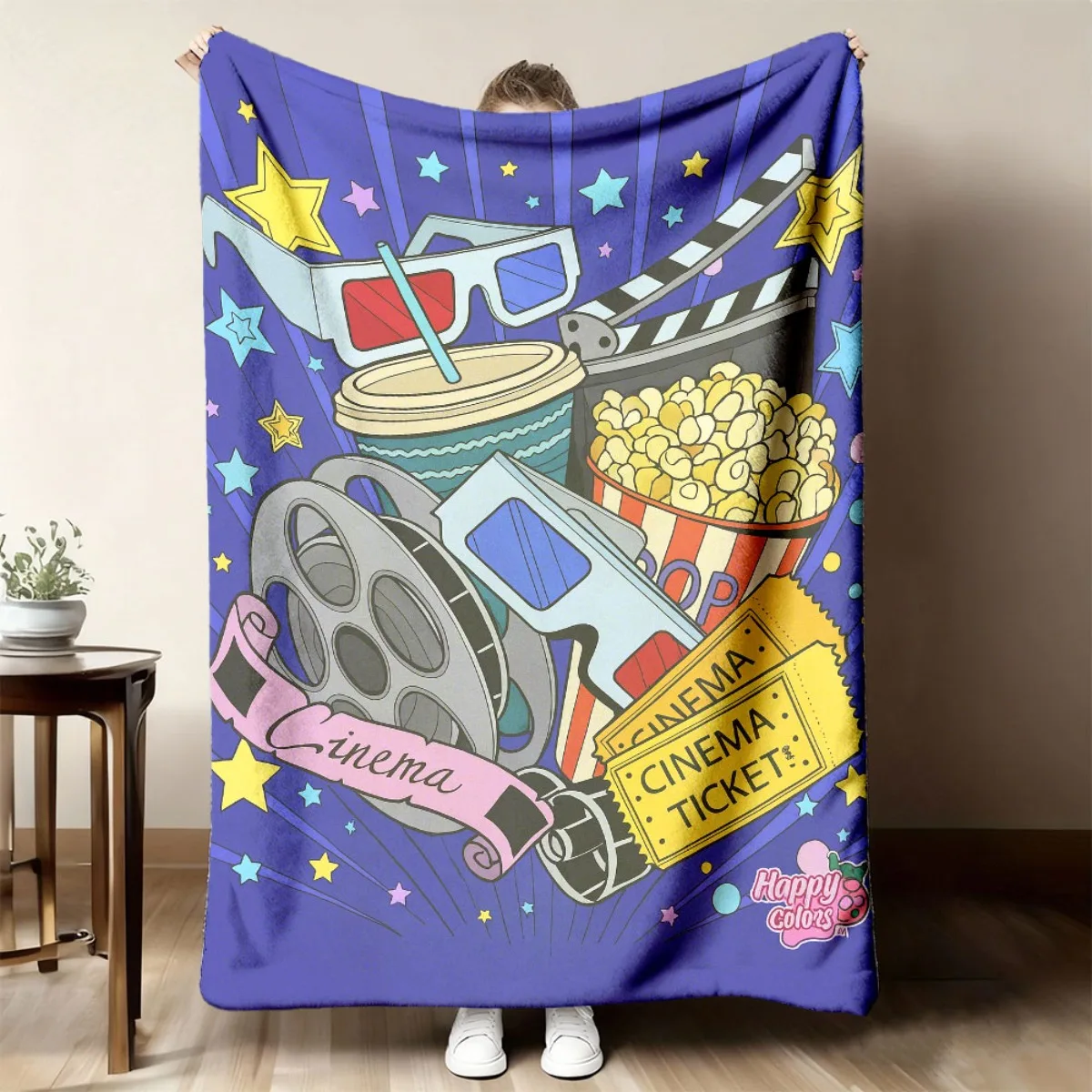 Large Movie Theater Blanket Throw 150x200cm Cozy Cinema Popcorn Film Reels Decor Plush Couch Bed Cover