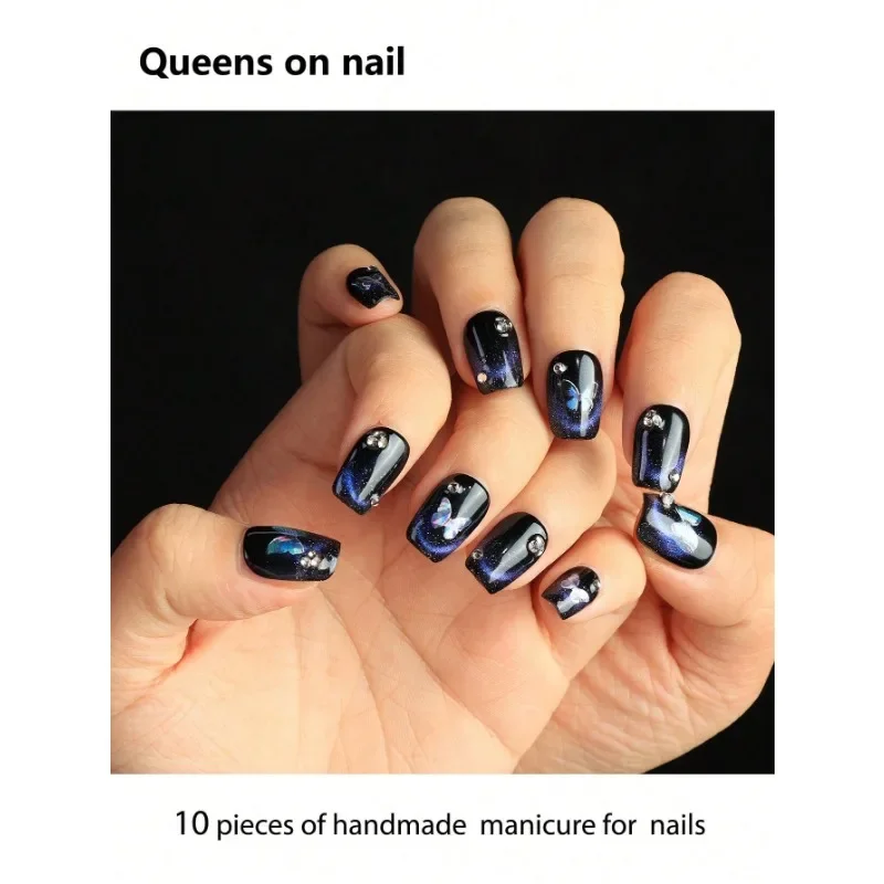 

10 Pieces Handmade press on Nails Ballet Style False Nails/Sfumato/Hand-Painted Butterflies/Shining Diamonds/Cat Eye Gradient