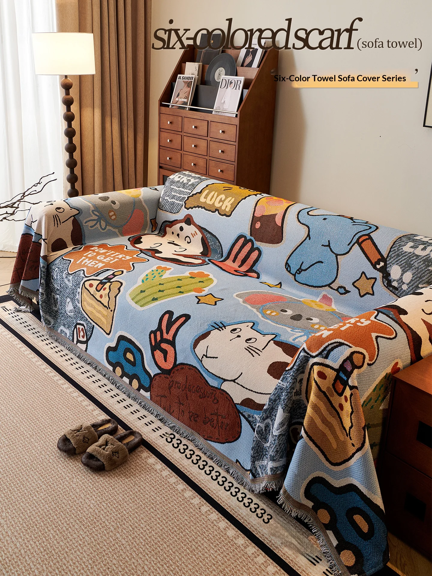 Funda de Sofá para el Hogar con Borlas, Funda de Sofá de Dibujos Animados de 3 Plazas para Sala de Estar, Canapé de Doble Cara, Protección Contra Arañazos de Gatos