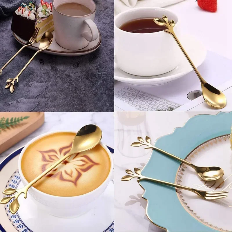 12Pcs Creative Stainless Steel Leaves Spoon Fruit Fork Coffee Spoon Dessert Ice Cream Scoop Kitchen Accessories Cutlery Set