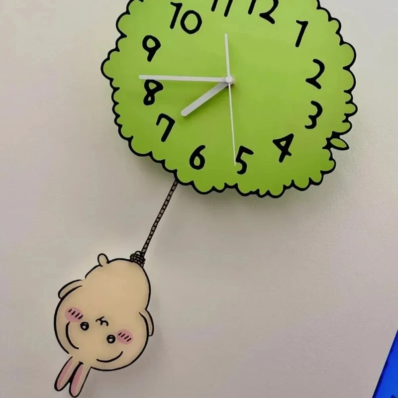 Cute Chiikawa Pendulum Wall Clock Green Tree Shape Silent Non Ticking Cartoon Hanging Clock For Kids Bedroom Living Room Decor