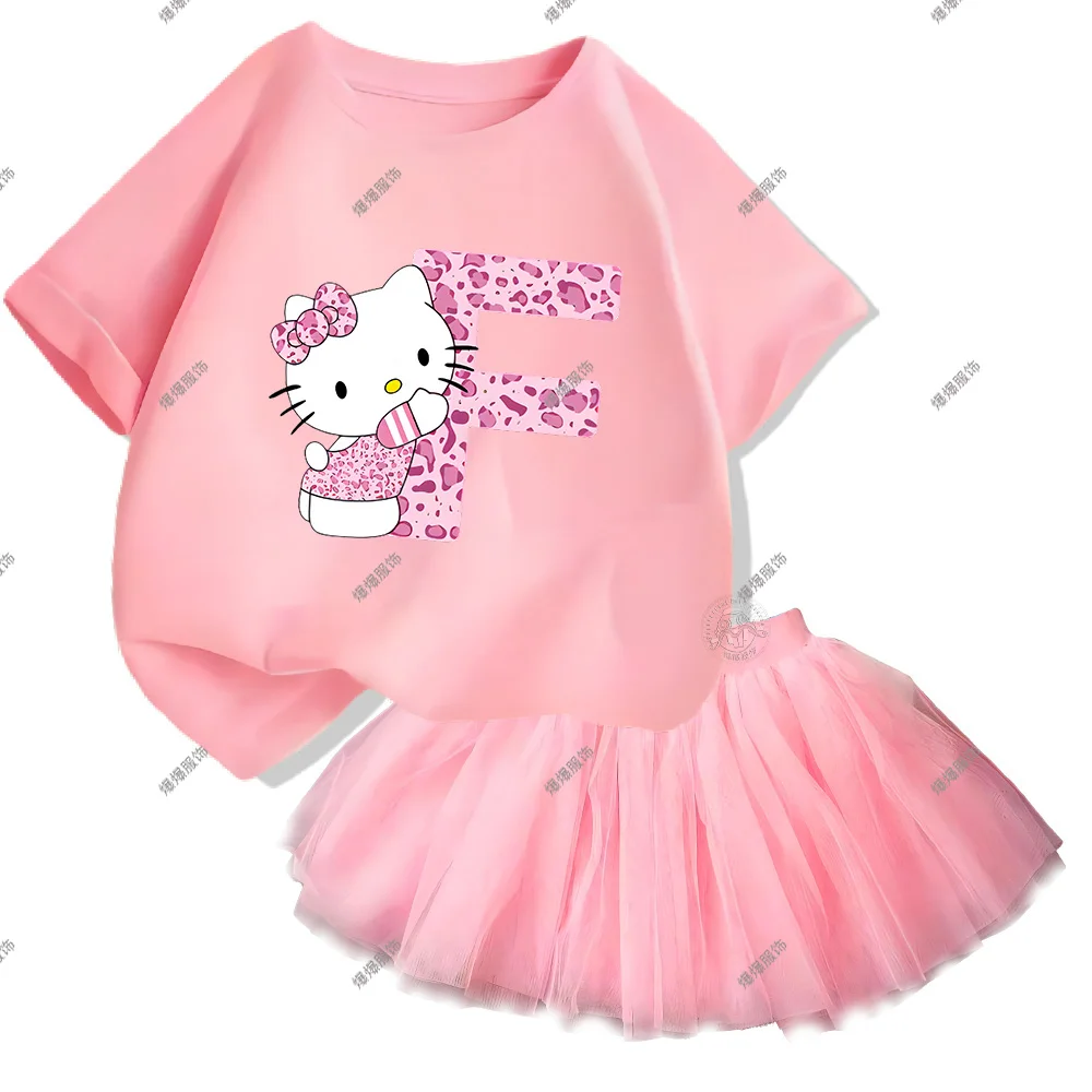 Children\'s Cotton Loose Tops Short Sleeve T-shirt and Fluffy Fashion Skirt Girls Casual Everyday Alphabet Print Hello Kitty Sets