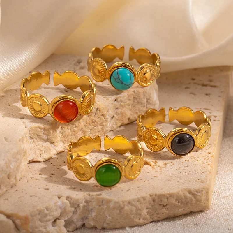 ANENJERY 316L Stainless Steel Colorful Stone Round Card Sun Open Ring for Women Men Niche Special Jewelry Gifts Wholesale