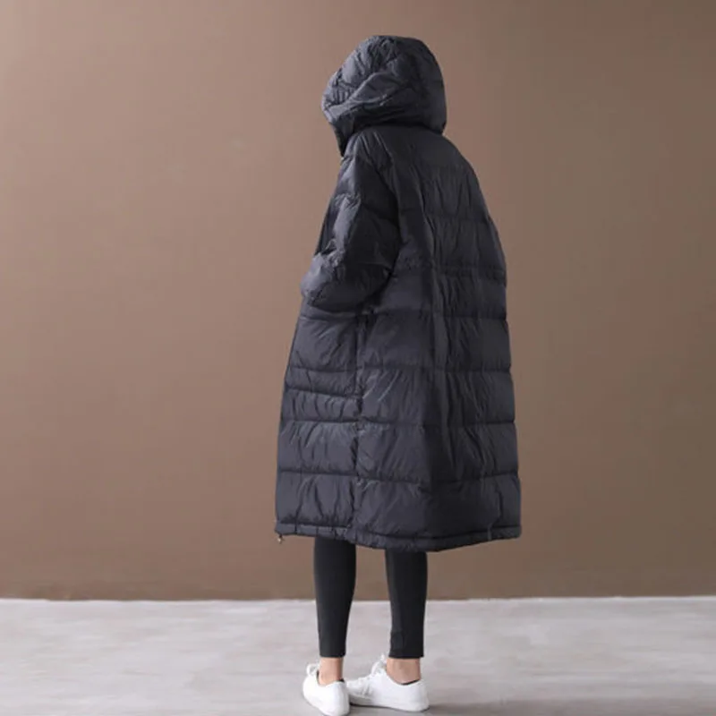 New Loose Down Cotton Coat Women Cloak Lantern Sleeves Hooded Warm Long Down Parkas 90% White Duck Down Jacket Lady Snow Outwear