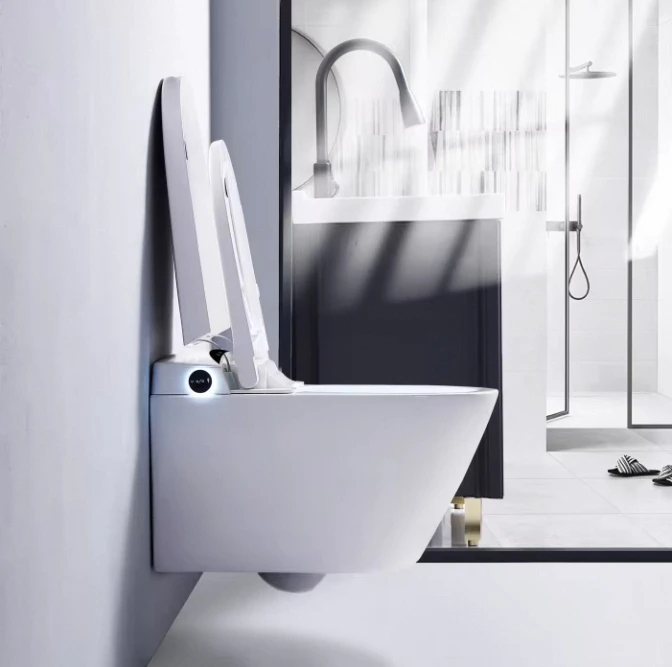 مجموعة مرحاض ذكية أوروبية حديثة مثبتة على الحائط، مرحاض كهربائي ذكي مع جدار خلفي تلقائي للحمام الحديث