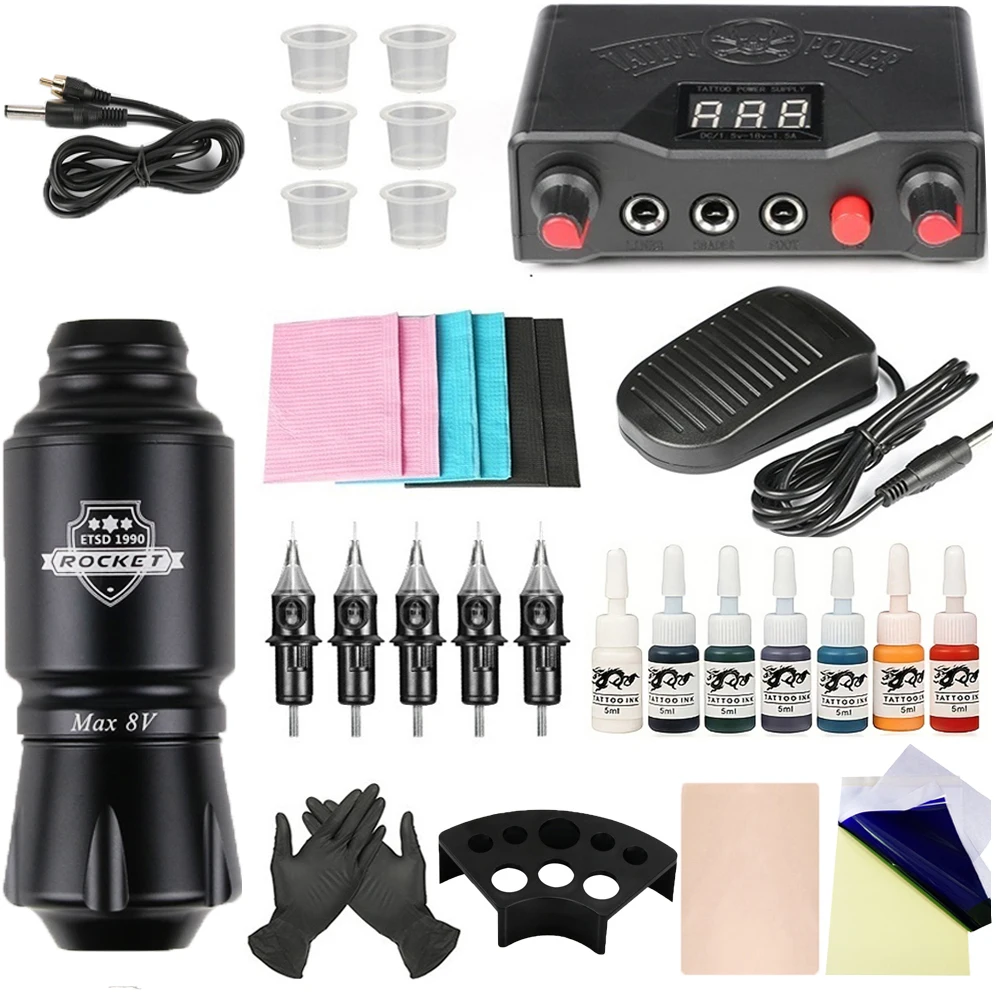 

Complete Tattoo Machine Kit For Beginner Rocket Rotary Pen Set With Digital Tattoo Power Supply Cartridge Needles Makeup Tool