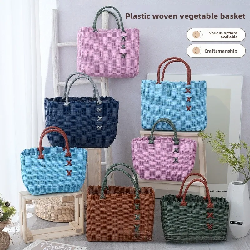 Bolso de Mano Tejido a Mano de Gran Capacidad, Bolso de Playa Fresco para Vacaciones, Bolso de Mujer, Nuevo Estilo de Verano 2025, Bolso de Mano de Plástico Simple para la Ciudad